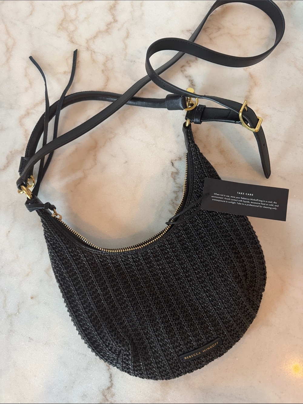 Rebecca Minkoff Black Woven Darren Crescent Shoulder Bag with Gold Hardware
